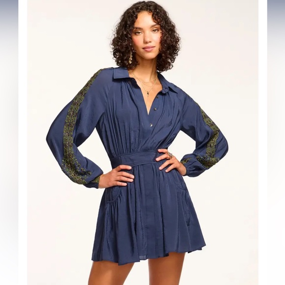 Ramy Brook Cady Mini Dress Size XXS Beaded Embellished Detail Sleeves Navy Blue - Picture 1 of 7